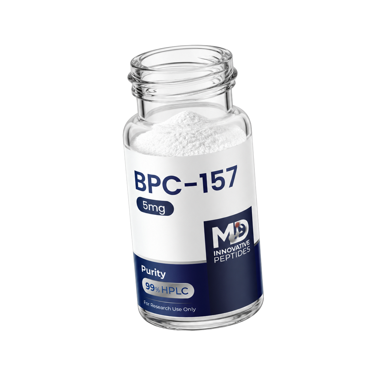 Tilted open BPC-157 vial with powder